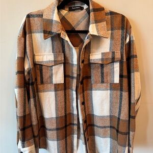 Tan and White Plaid Button-Up Flannel Shirt